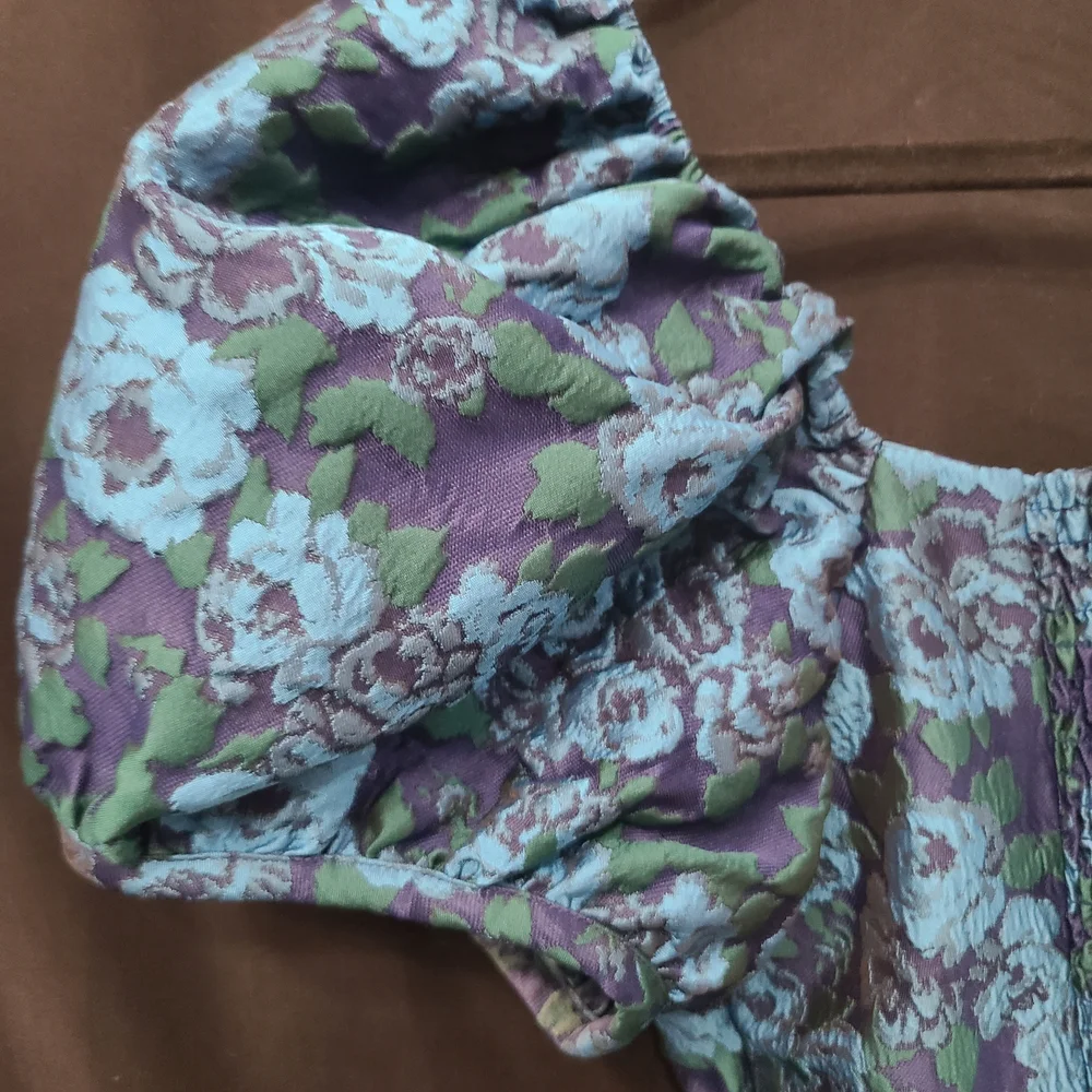 Anthropologies Blue And Green Floral Puff Sleeve Top Zipper Side Sz 4 Bridgerton